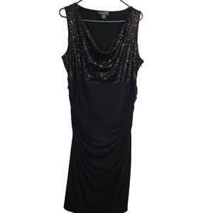 Lauren Ralph Lauren Black Sequin Cowl Neck Ruched Evening Gown Dress 18W Cocktai